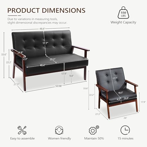 Mid Century 1 Loveseat Sofa and 2 Accent Chairs Set Modern Wood Arm Couch and Chair Living Room Furniture Sets (8428 Black Set)