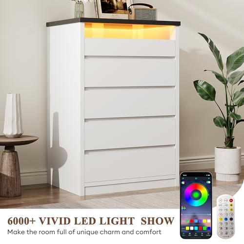 White 5 Drawer Dresser for Bedroom with LED Light & Deep Drawers, view 4