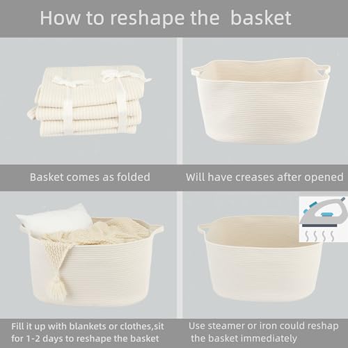 Large Rectangle Blankets Basket Living Room 22"x17"x12" Woven Cotton Rope Storage Baskets for Nursery Toy Baskets for Kids and Dogs Laundry Basket Bin for Clothes Towels white