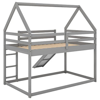 Twin Over Twin Low House Bunk Bed Frame with Slide, Gray | Wood twin over twin, roof, guardrail and ladder, for kids boys girls, wood slat support, safety guardrails and ladder