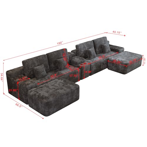 150" U-Shaped Oversized Corduroy Modular Sectional Sofa with 2 Ottomans and Multi Functional Console, 6-Seater Upholstered Couch with USB and 2 Cup Holder, Easy Assembly, for Living Room, Black
