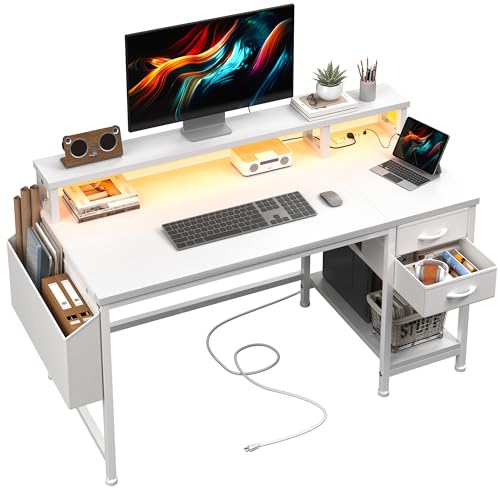 40" White Desk with File Drawers & Storage Bag, Reversible Computer Desk with Monitor Stand,Home Office Desk with LED Strip & Power Outlets for Bedroom, Small Space, Study, Handwork