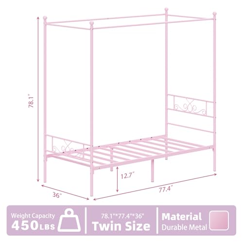 Twin Canopy Bed Frame with Headboard, Metal Twin Beds for Kids, Pink, view 4