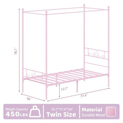Twin Canopy Bed Frame with Headboard, Metal Twin Beds for Kids, Pink, view 4
