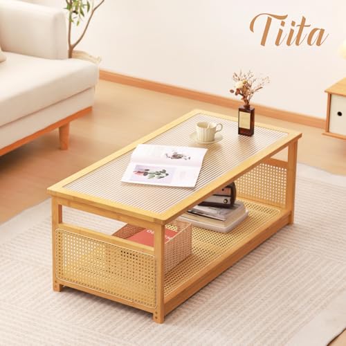 Coffee Tables for Living Room，Mid Century Modern Storage 2-Tier Coffee Tables，Rattan Glass RectangleTables，Suitable for Living Room Apartment，Wood