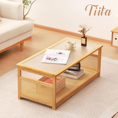 Coffee Tables for Living Room，Mid Century Modern Storage 2-Tier Coffee Tables，Rattan Glass RectangleTables，Suitable for Living Room Apartment，Wood