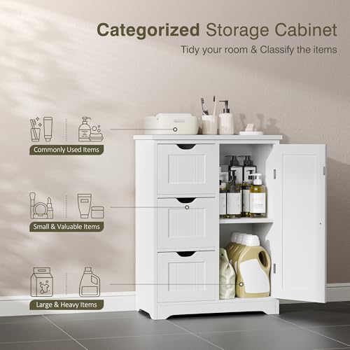 Bathroom Storage Cabinet with 3 Drawers and 1 Door, Entryway Home Decor Furniture Towels Storage Organizer Unit, White