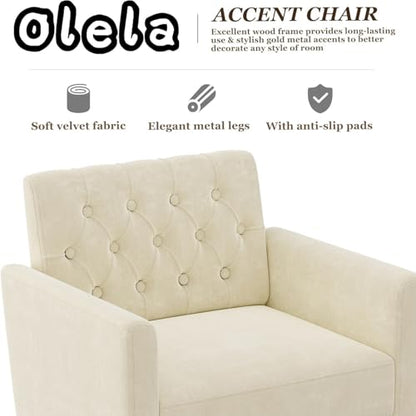 Accent Chair with Arm for Living Room, Velvet Modern Armchair Single Sofa Cozy Tufted Upholstered Reading Side Chairs with Gold Metal Leg for Bedroom Decorate
