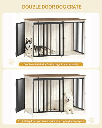 46.9" Dog Crate Furniture with Barn Door, Heavy Duty Dog Kennel Indoor with 2 Doors, Wooden Pet Cage End Table for Large Medium Dogs, Anti-Chew Anti-Escape, White Brown DFC93314B