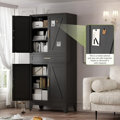 71" Tall Metal Storage Cabinet with 4 Doors and 4 Adjustable Shelves, 6-Tier Farmhouse Storage Cabinet with Drawers and Legs, for Office, Home, Garage, Gym, School, Living Room, Hallway（Black）
