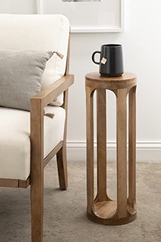 Dahl Wooden Round Drink Table; 8 x 23; Natural Brown; Transitional Boho Circle Wood Accent Pedestal Table for Living Room Plant Stand or Small Bedroom Nightstand