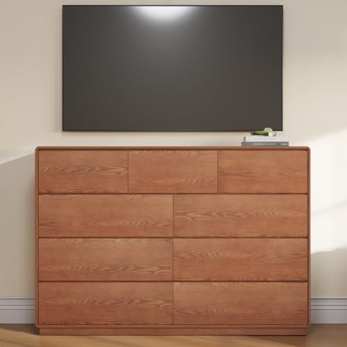 Solid Wood Dresser, 55.1" Wide Mid Century Modern Dresser, Brown, view 6
