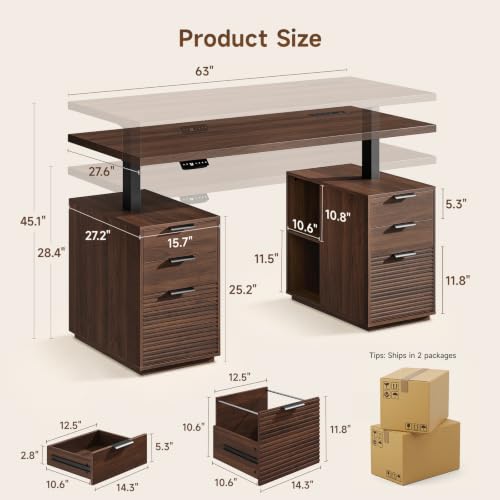 63" Electric Standing Desk with 6 Drawers,Storage Shelves,Walnut, view 3