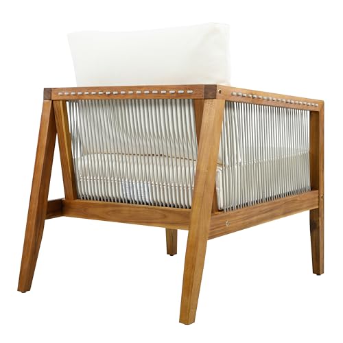 Lalulu Acacia Wood Lounge Chair Outdoor with Removable Cushion, Solid Wood Patio Accent Chair with Woven Rope Accents, Patio Furniture Set Sofa Chair, Beige+Teak