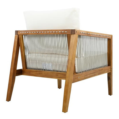 Lalulu Acacia Wood Lounge Chair Outdoor with Removable Cushion, Solid Wood Patio Accent Chair with Woven Rope Accents, Patio Furniture Set Sofa Chair, Beige+Teak