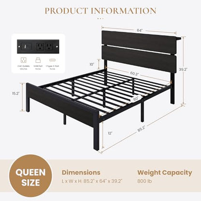 Queen Bed Frame LED Lighting Charging Storage, view 3
