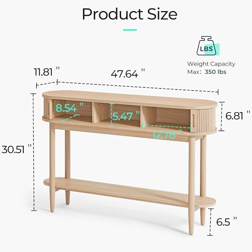 Fluted Console Table, Mid-Century Modern Entryway Cabinet with Sliding Tambour Doors, Narrow Long Sofa Table, Behind-The-Couch Table for Living Room, Hallway (Light Oak)