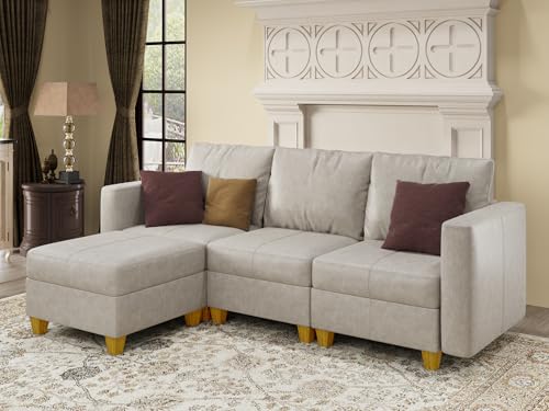 Faux Leather Modualr Sectional Couch,Faux Leather Sectional Sofa with Storage Modular Couch，Whitesand