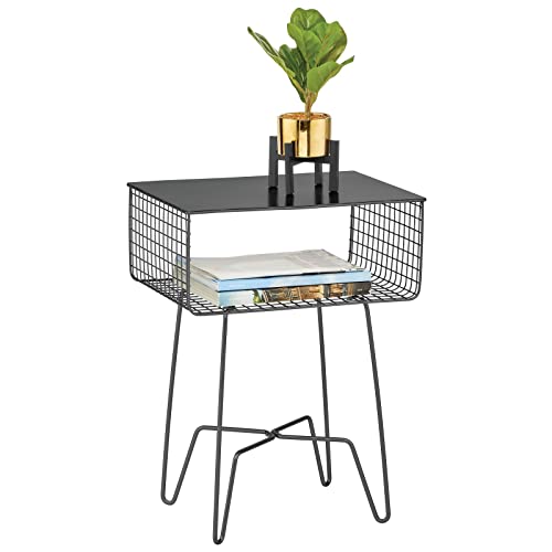 Steel Side Table Nightstand with Storage Shelf Basket for Bedroom, Living Room, Home Office; Rustic Bedside End Table, Industrial Modern Accent Furniture - Concerto Collection - Black