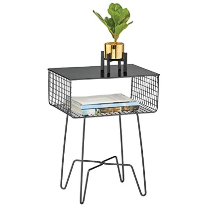 Steel Side Table Nightstand with Storage Shelf Basket for Bedroom, Living Room, Home Office; Rustic Bedside End Table, Industrial Modern Accent Furniture - Concerto Collection - Black