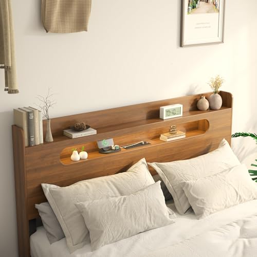 Wooden Queen Bed Frame with Storage Headboard, Farmhouse Platform, view 4