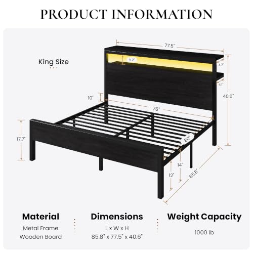 King Bed Frame, 2-Tier Storage Headboard, LED, Charging Station, view 3