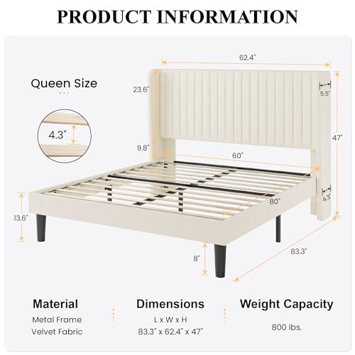 Queen Size Velvet Bed Frame with Vertical Channel Tufted Wingback Headboard, Upholstered Platform Bed with Wood Slats, No Box Spring Needed, Easy Assembly, Cream White