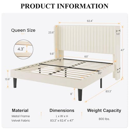 Queen Size Velvet Bed Frame with Vertical Channel Tufted Wingback Headboard, Upholstered Platform Bed with Wood Slats, No Box Spring Needed, Easy Assembly, Cream White