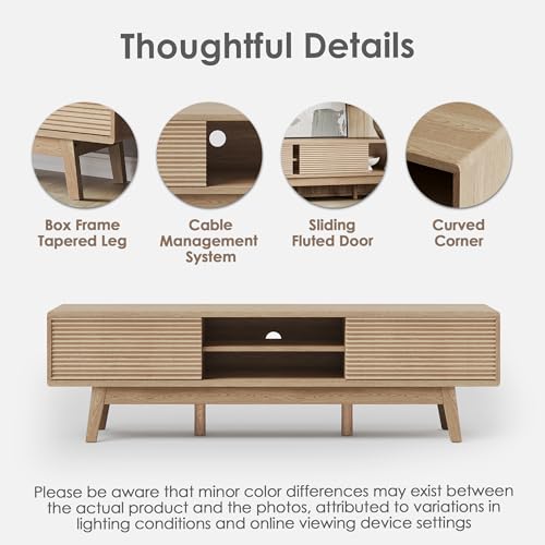 59" TV Console, Mid Century Modern TV Stand for 55/60/65 Inch TV, Low Profile Media Console with Fluted Sliding Doors, Boho Wood Credenza for Living Room, Oak