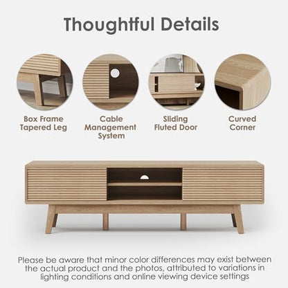59" TV Console, Mid Century Modern TV Stand for 55/60/65 Inch TV, Low Profile Media Console with Fluted Sliding Doors, Boho Wood Credenza for Living Room, Oak