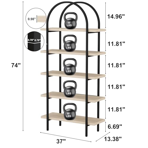Bookshelf 5 Tier Arched Bookcase, 74" Tall Industrial Open Book Shelves for Living Room, Modern Freestanding Display Shelving Storage Rack with Metal Frame, Office, Bedroom, Natural Wood Color