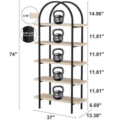 Bookshelf 5 Tier Arched Bookcase, 74" Tall Industrial Open Book Shelves for Living Room, Modern Freestanding Display Shelving Storage Rack with Metal Frame, Office, Bedroom, Natural Wood Color