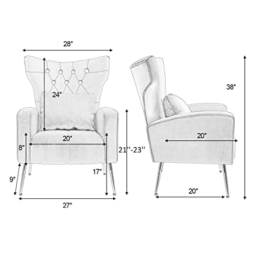Button-Tufted Living Room Chairs, WingBack Velvet Accent Chair Armchair with Lumbar Pillow, Bedroom Chairs Arm Chair with Golden Legs, Cream