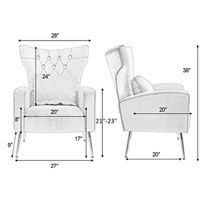 Button-Tufted Living Room Chairs, WingBack Velvet Accent Chair Armchair with Lumbar Pillow, Bedroom Chairs Arm Chair with Golden Legs, Cream
