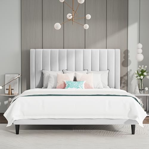 Queen Bed Frame/Velvet Upholstered Platform Bed Frame with Headboard/Strong, view 4
