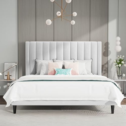 Queen Bed Frame/Velvet Upholstered Platform Bed Frame with Headboard/Strong, view 4