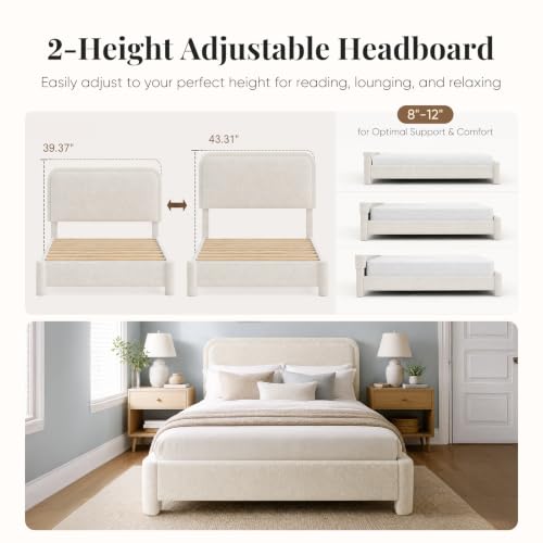 Queen Bed Frame with Adjustable Headboard, Luxurious Teddy Boucle Platform Bed, view 5
