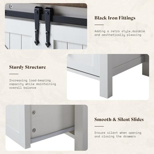 47" Farmhouse Dresser with Sliding Barn Doors and 4 Drawers, Dresser Storage Organizer for Bedroom/Entryway, Distressed White