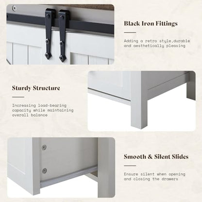 47" Farmhouse Dresser with Sliding Barn Doors and 4 Drawers, Dresser Storage Organizer for Bedroom/Entryway, Distressed White