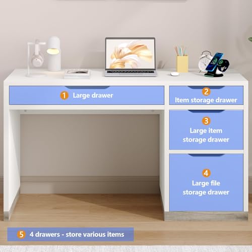 White Desk with 4 Drawers, 52 Inch Modern Computer Desk with Storage for Bedroom, Home Office Writing Desk for Small Spaces, Minimalist White Writing Desk