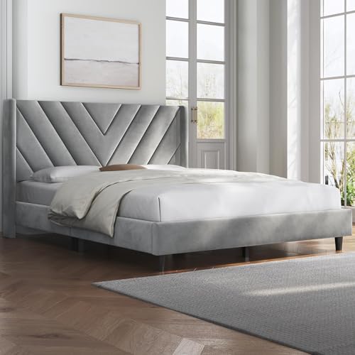 Queen Bed Frame with Chevron Channel-Tufted Headboard, Light Gray, view 4