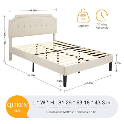 Queen Size Platform Bed Frame with Fabric Upholstered Headboard and Wooden, view 3