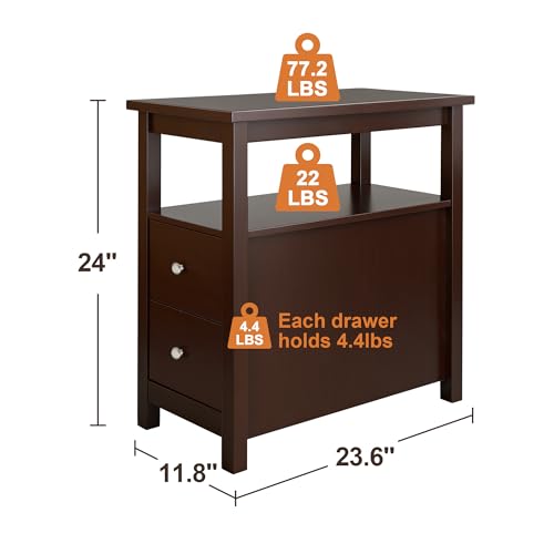 End Table Set of 2, Slim Side Table with 2 Drawers and Storage Shelf, 3 Tier Sofa Couch Table for Living Room Bedroom Apartment Small Spaces, Espresso