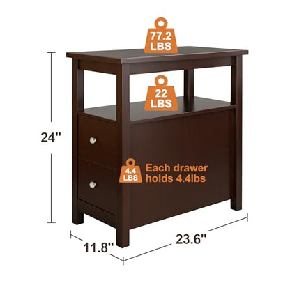 End Table Set of 2, Slim Side Table with 2 Drawers and Storage Shelf, 3 Tier Sofa Couch Table for Living Room Bedroom Apartment Small Spaces, Espresso
