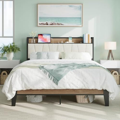 Queen Bed Frames, Storage Headboard with Charging Station, Solid and Stable, view 2