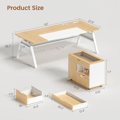 L Shaped Computer Desk with Mobile File Cabinet & Power Outlets, Executive Home Office Desk with Storage Drawers, Pegboard, Cable Management, Reversible L Desk for Work & Gaming, White + Oak