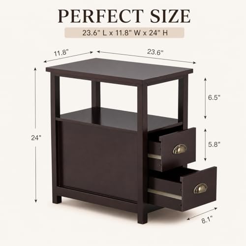 Side Table Living Room Narrow Rustic End Table Bedroom with 2 Drawers and 1 Open Shelf for Small Space（Brown, 23.6" L x 11.8" W x 24’’H）