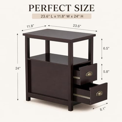 Side Table Living Room Narrow Rustic End Table Bedroom with 2 Drawers and 1 Open Shelf for Small Space（Brown, 23.6" L x 11.8" W x 24’’H）