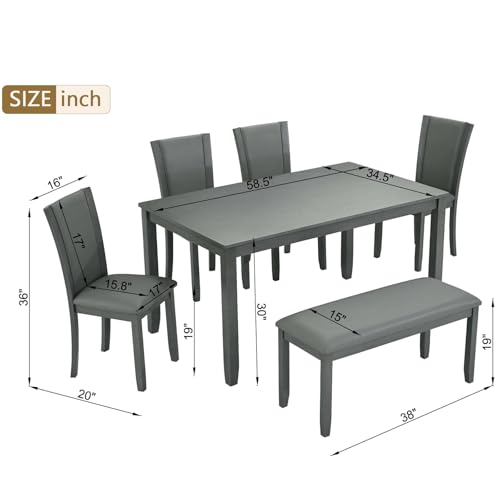 Dining Table Set for 6, Farmhouse 6 Piece Dining Room Table Set with Rectangular Table, 4 Upholstered Backrest Chairs and Bench, Counter Height Kitchen Sets with Warm Woodgrain Finish, Gray