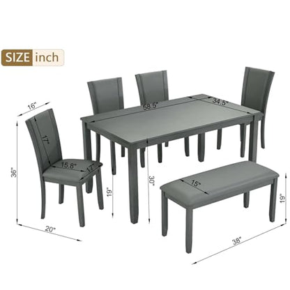 Dining Table Set for 6, Farmhouse 6 Piece Dining Room Table Set with Rectangular Table, 4 Upholstered Backrest Chairs and Bench, Counter Height Kitchen Sets with Warm Woodgrain Finish, Gray